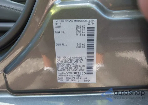2025 Nissan Altima Sl from USA, damaged, VIN 1N4BL4EVXSN303830